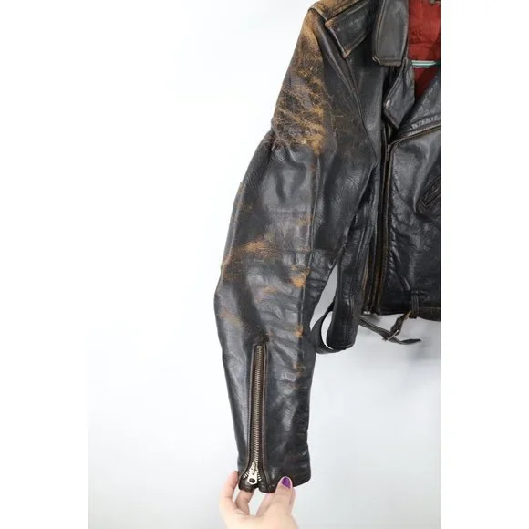 Vintage 50s 38 Thrashed Horsehide Leather Belted Motorcycle Jacket Dark Brown